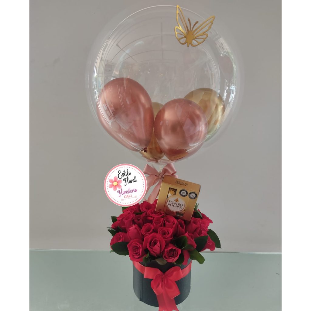 Cilindro rosas rojas, ferreros y globos - floristerias en cali