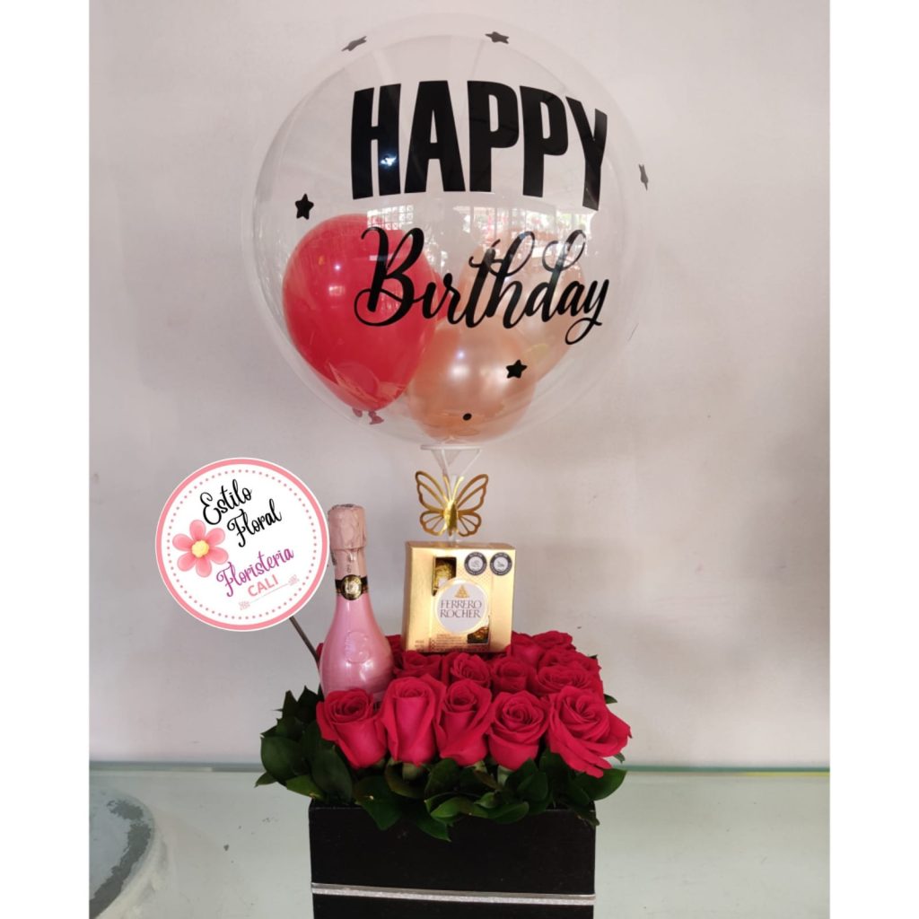Cubo con rosas rojas, champaña pj ferreros y globo - flores en cali