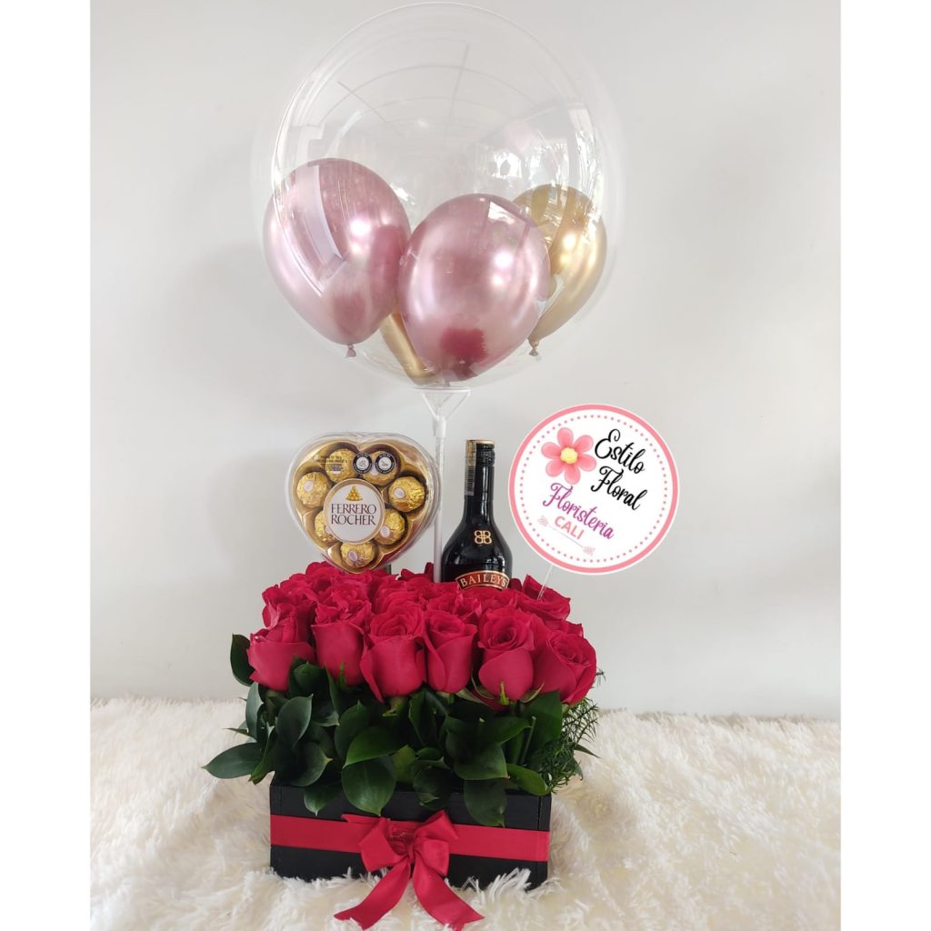 Cubo de rosas, baileys y chocolates - rosas en cali