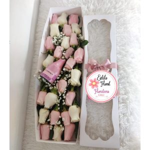 Caja de rosas blancas y rosadas con pj - floristerias en cali