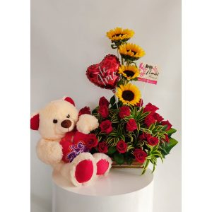 Rosas rojas, oso, girasoles- floristeria cali
