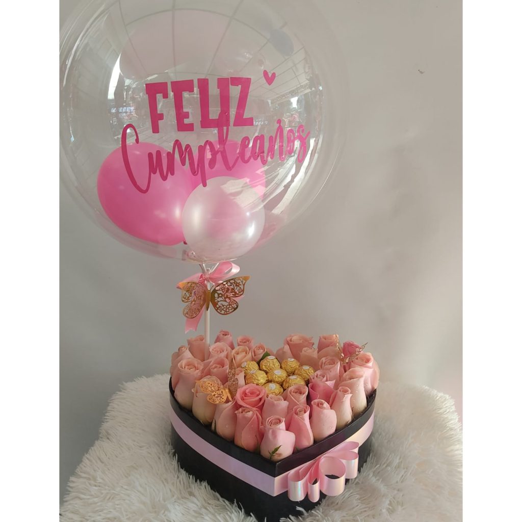 corazon en rosas rosadas, chocolate, - floristeria cali