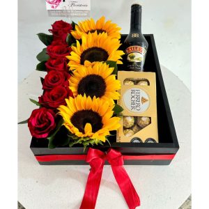 caja de girasoles y rosas- floristeria cali