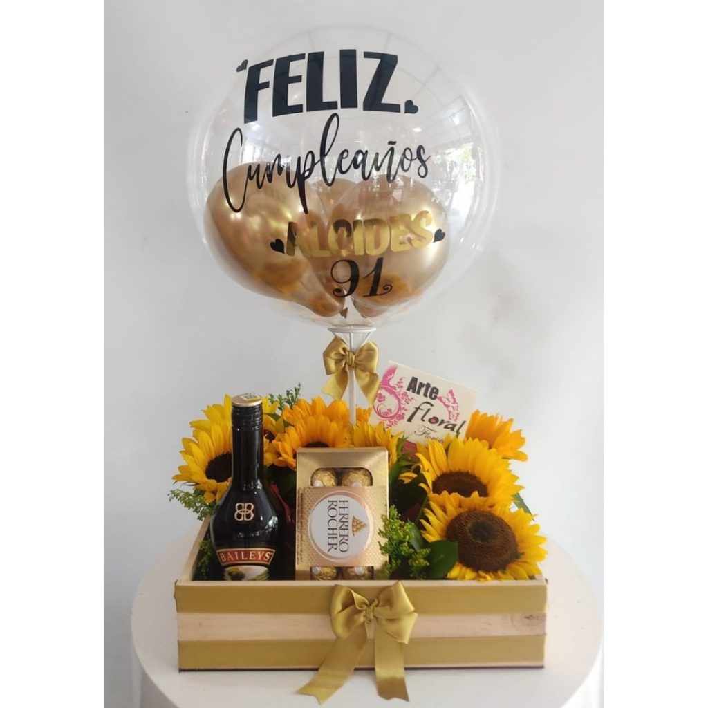 Ramo en girasoles, chocolates, licor floristeria cali