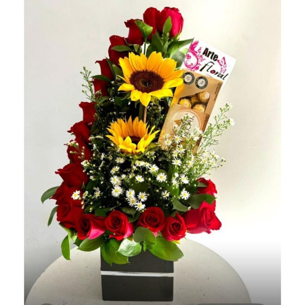 Ramo floral en rosas, girasoles, chocolates floristeria cali