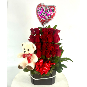 Ramo floral en rosas y peluches floristeria cali